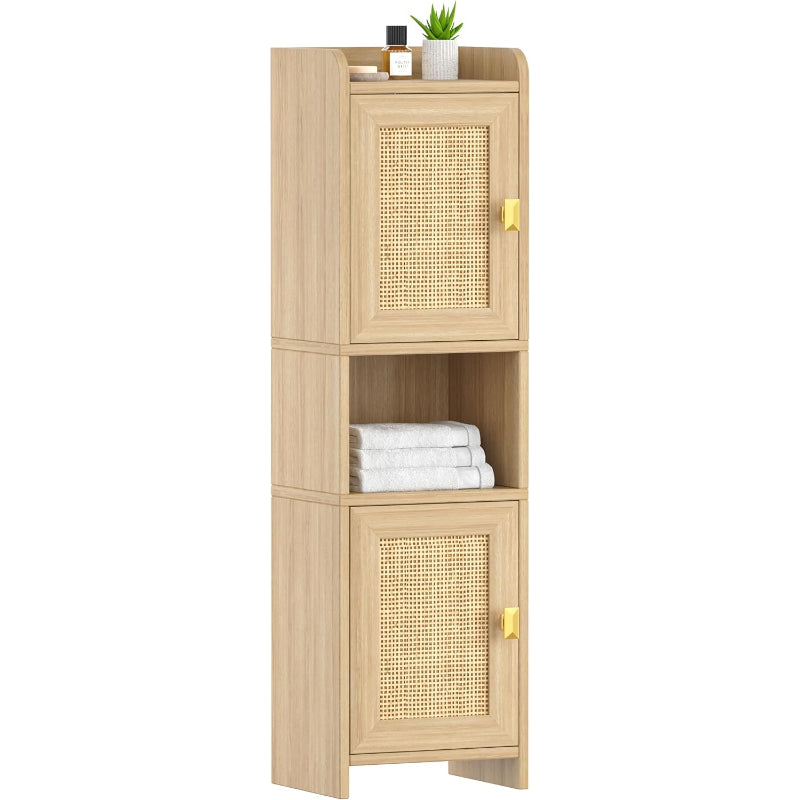 Oak Rattan Bathroom Storage Cabinet