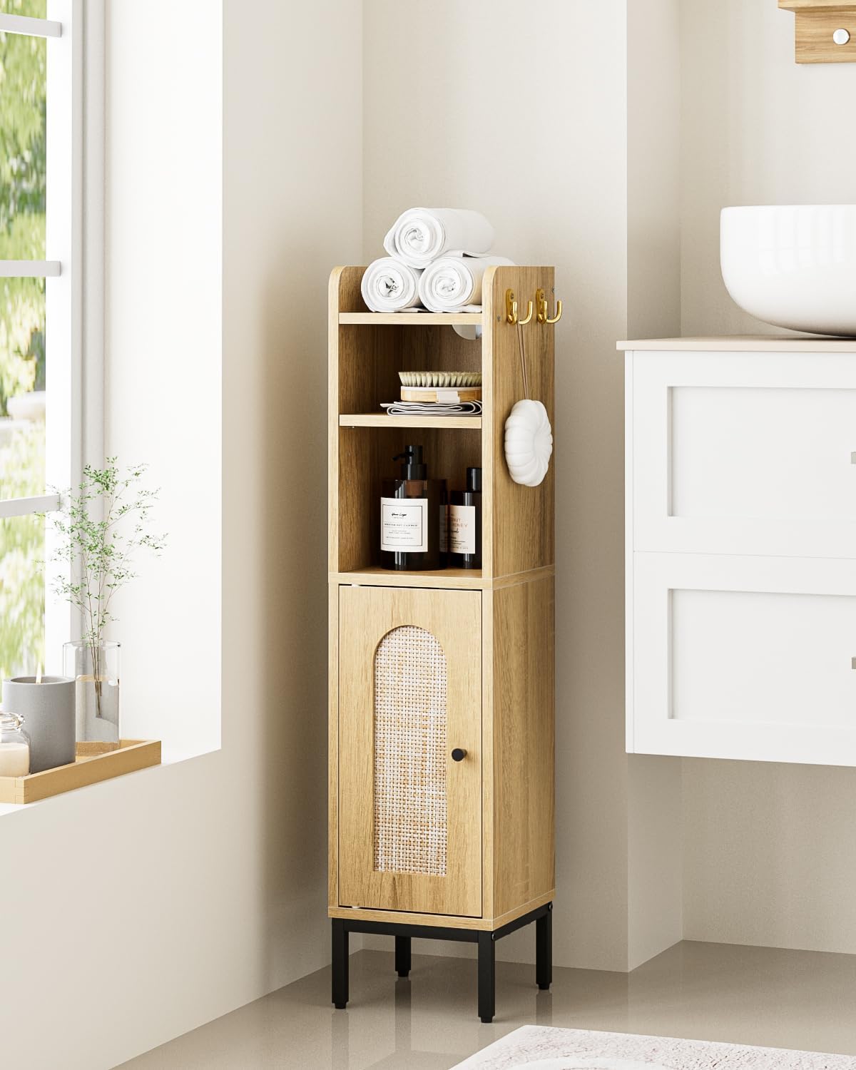 Oak Rattan Bathroom Corner Storage Cabinet