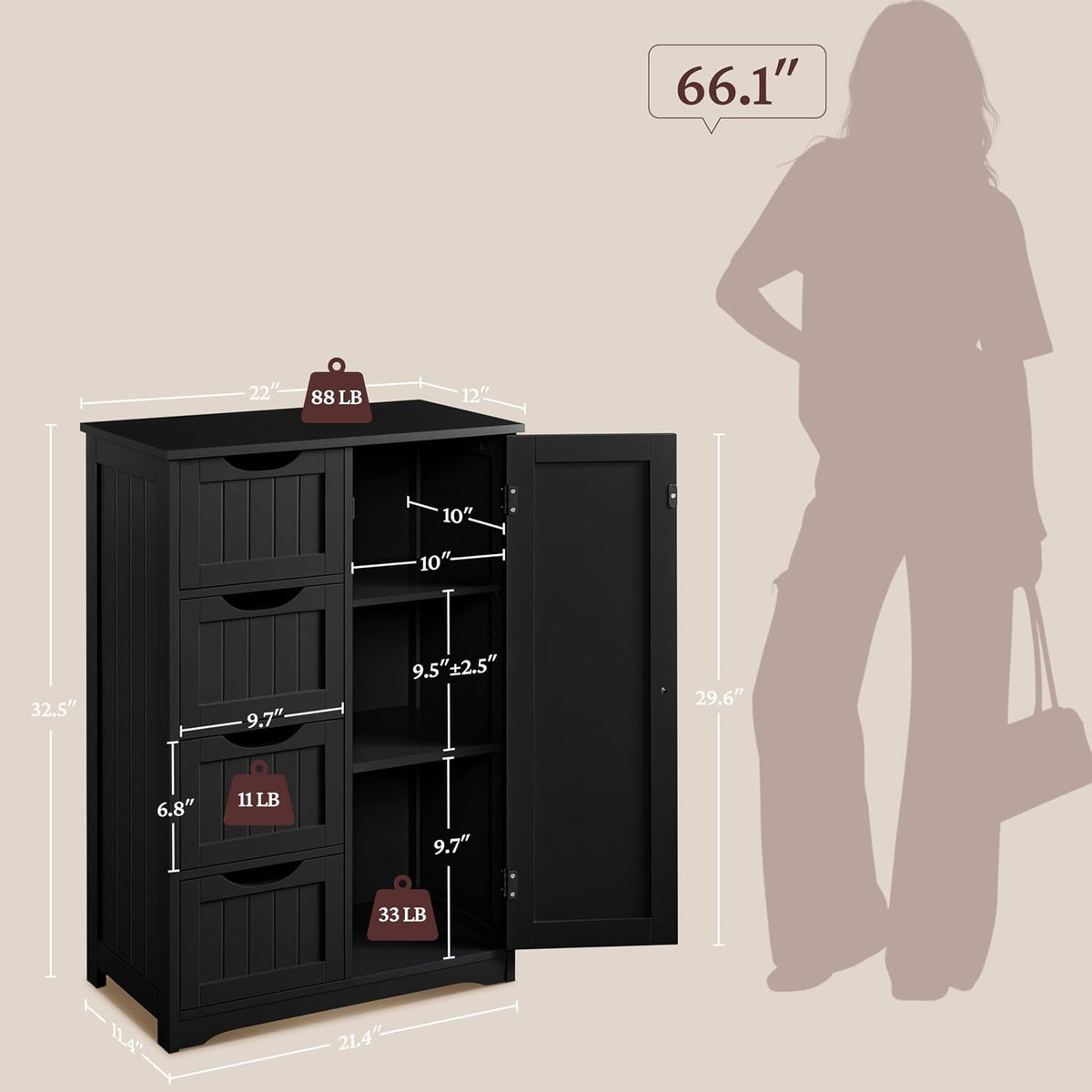 Black Small Bathroom Floor Storage Cabinet