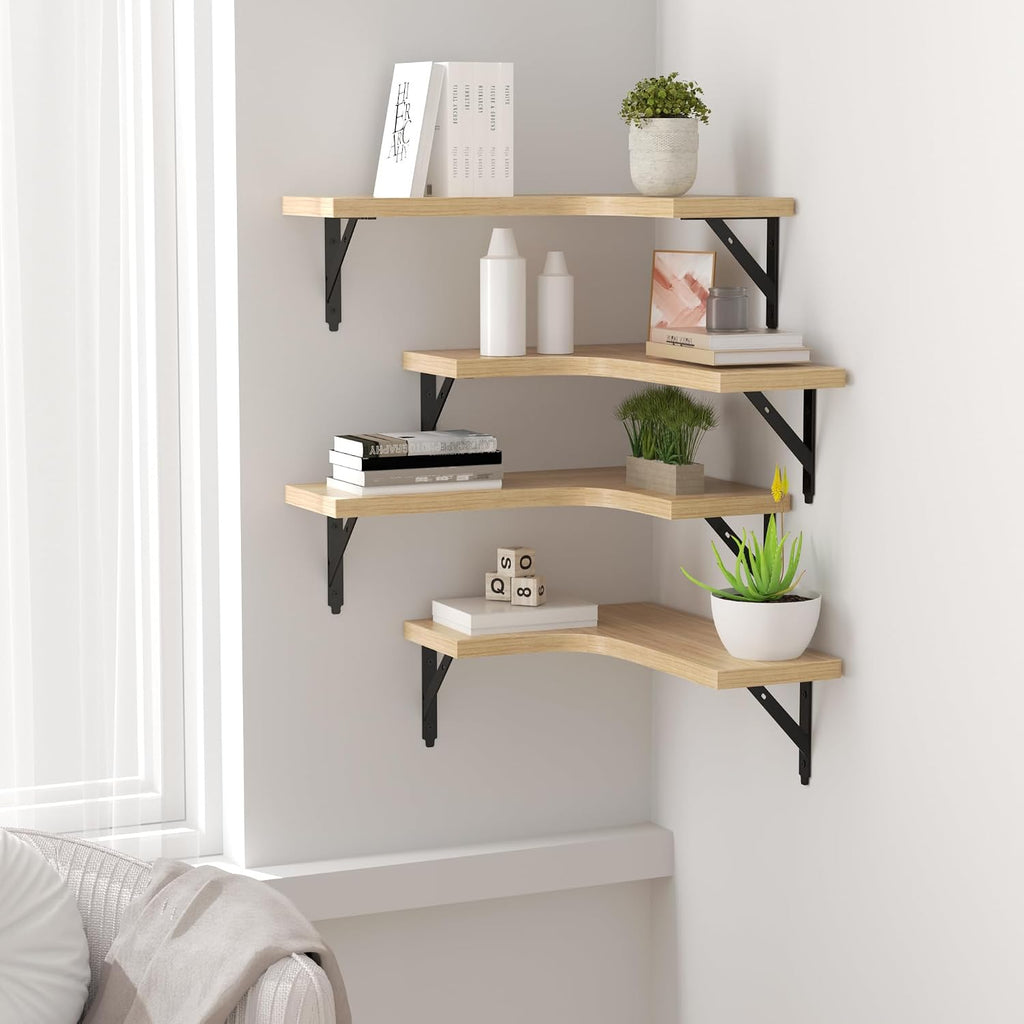 Natural Wood Corner Floating Shelves Set of 4