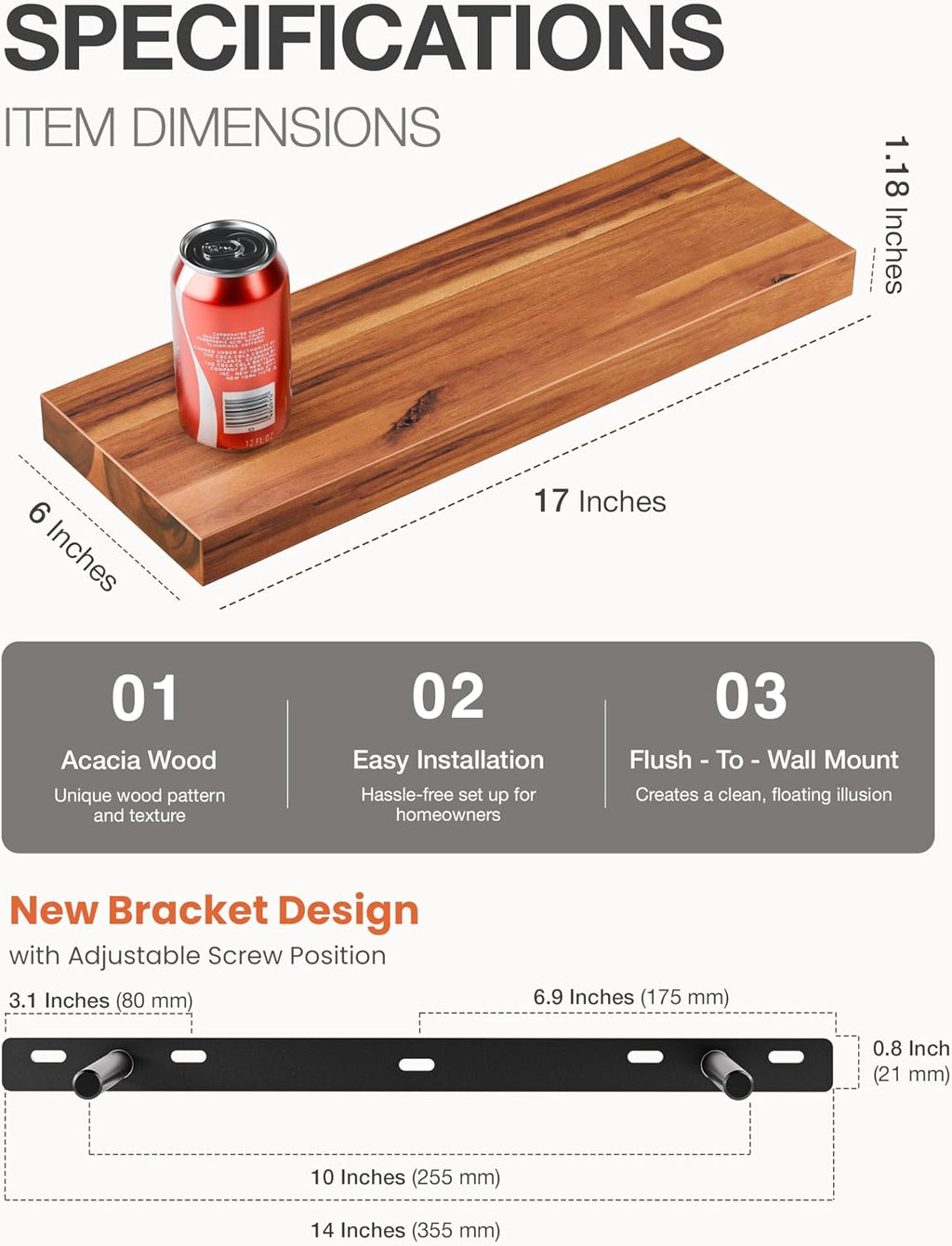 Acacia Wood Floating Shelves Set of 2