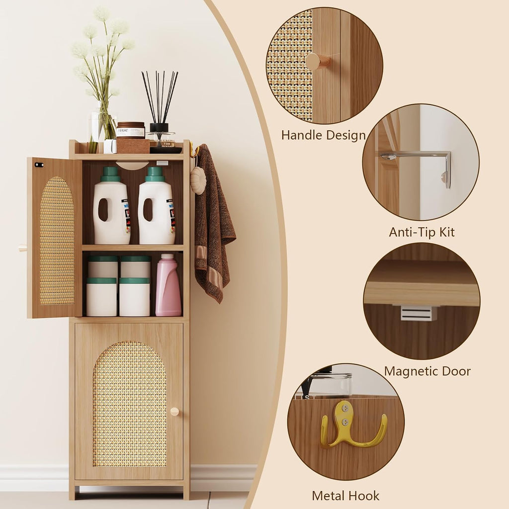 Oak Rattan Bathroom Storage Cabinet