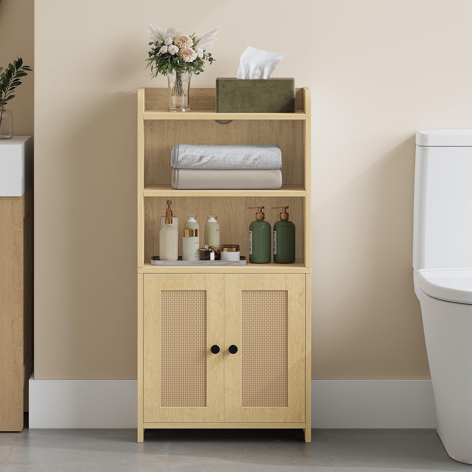 Yellow Rattan Small Bathroom Storage Cabinet
