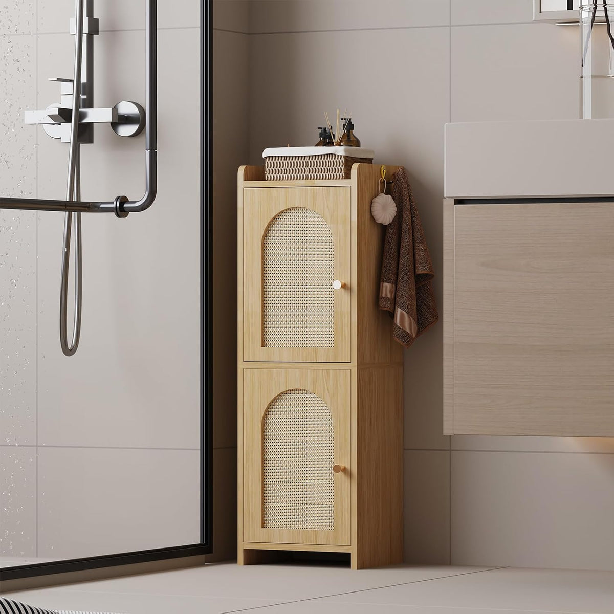 Oak Rattan Bathroom Storage Cabinet