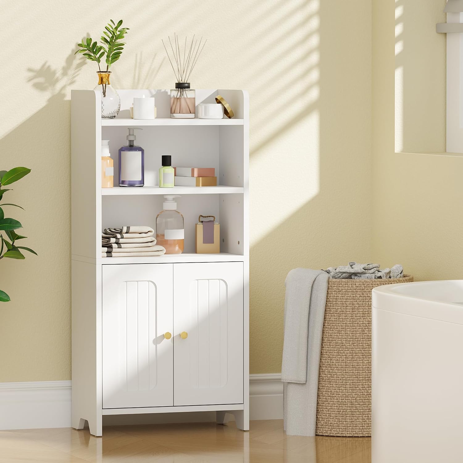 White Small Bathroom Floor Storage Cabinet
