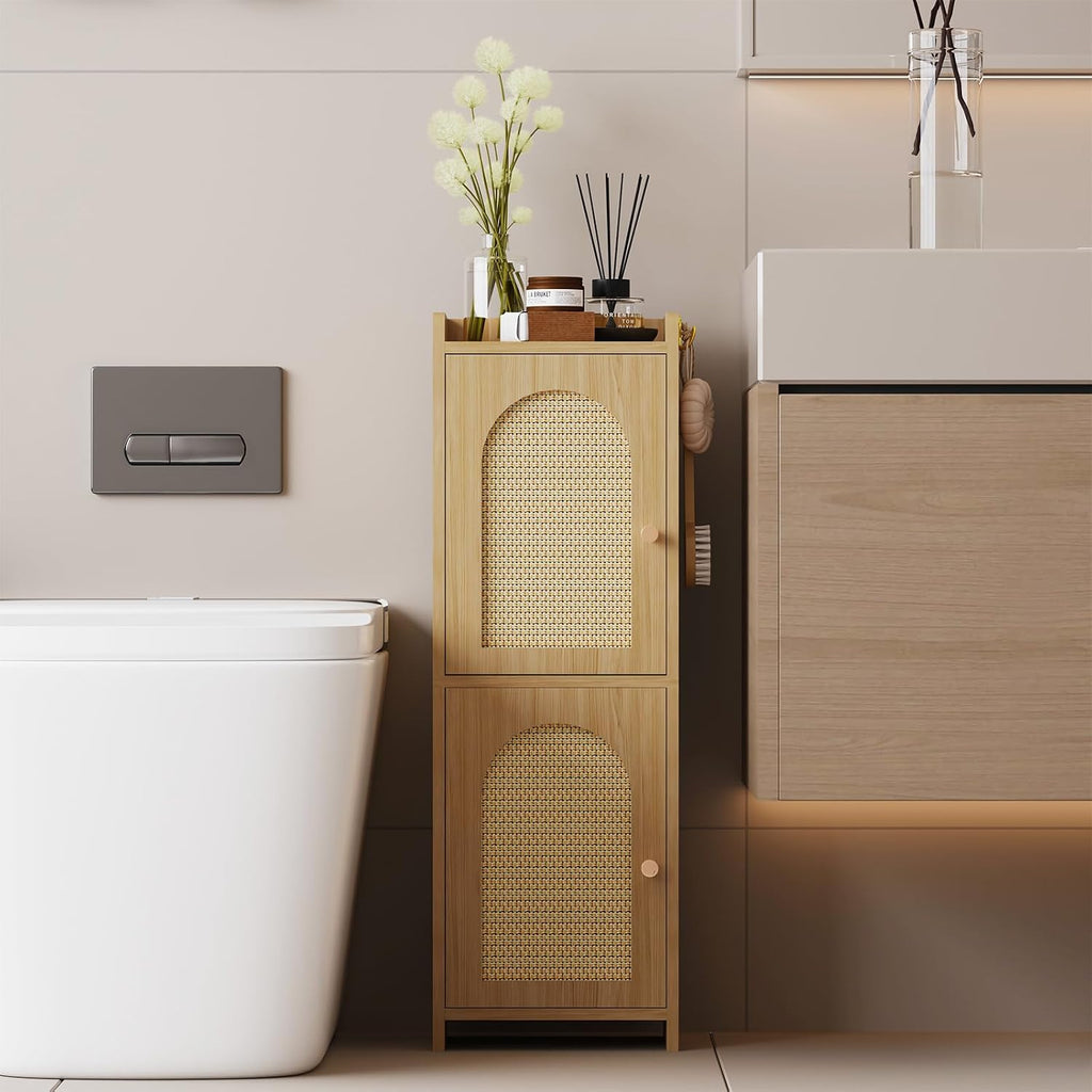Oak Rattan Bathroom Storage Cabinet