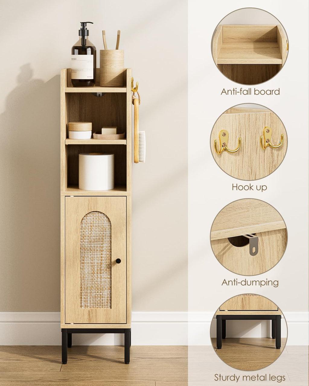 Oak Rattan Bathroom Corner Storage Cabinet