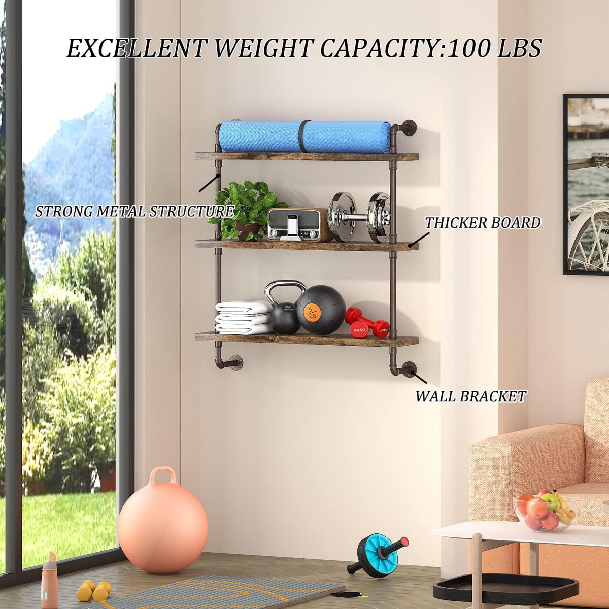 Industrial Pipe Floating Wood Shelves