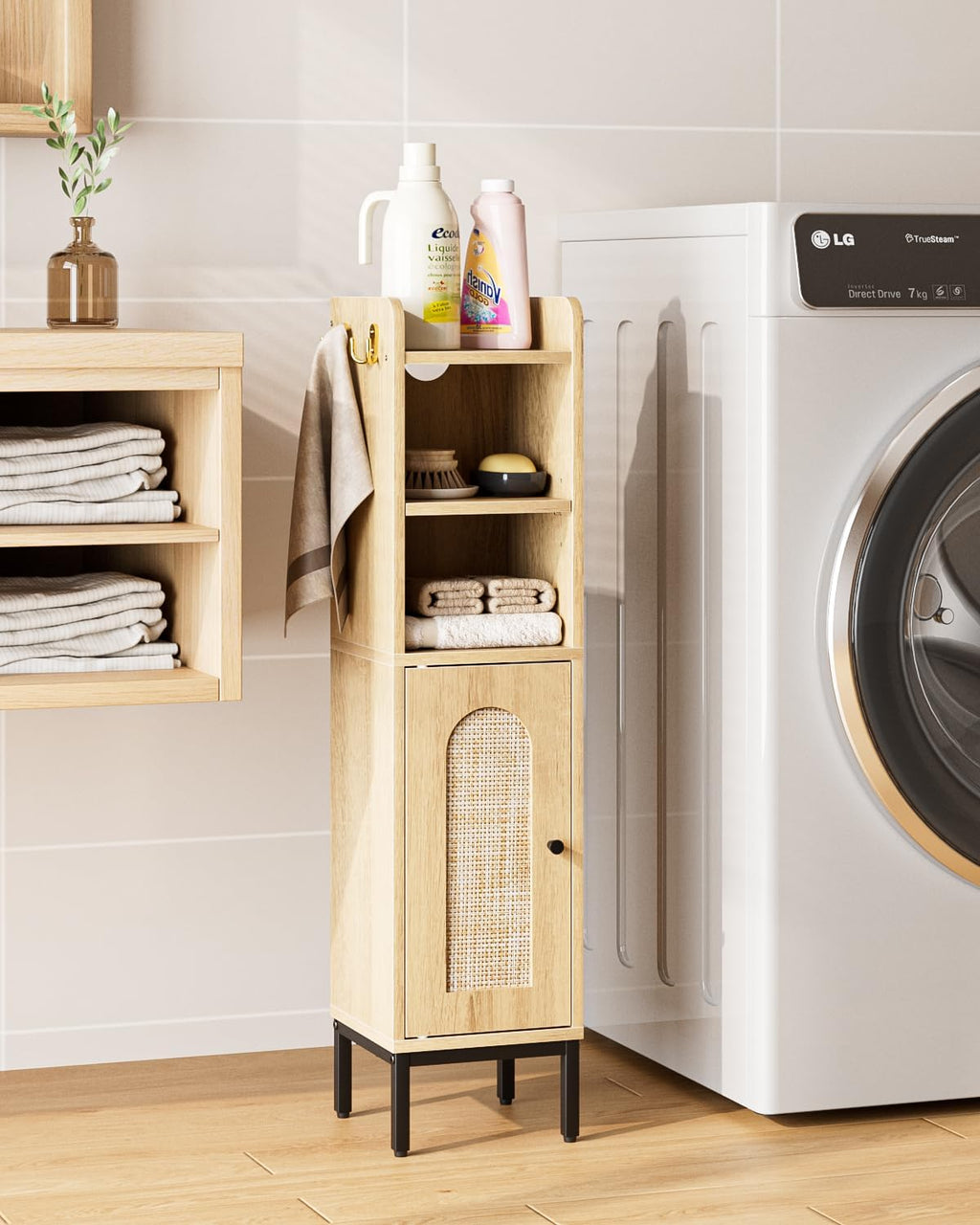 Oak Rattan Bathroom Corner Storage Cabinet