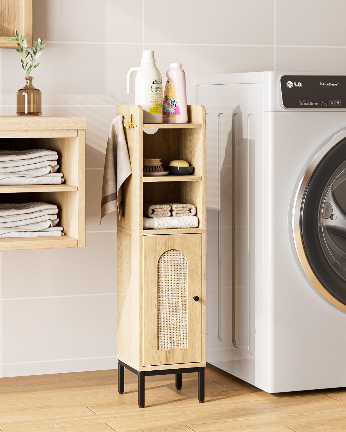 Oak Rattan Bathroom Corner Storage Cabinet