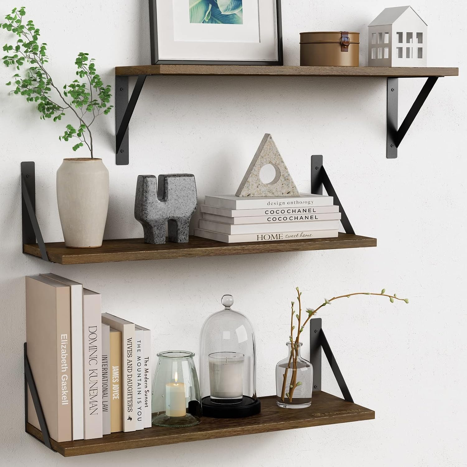 Dark Brown Floating Wood Shelves Set of 3