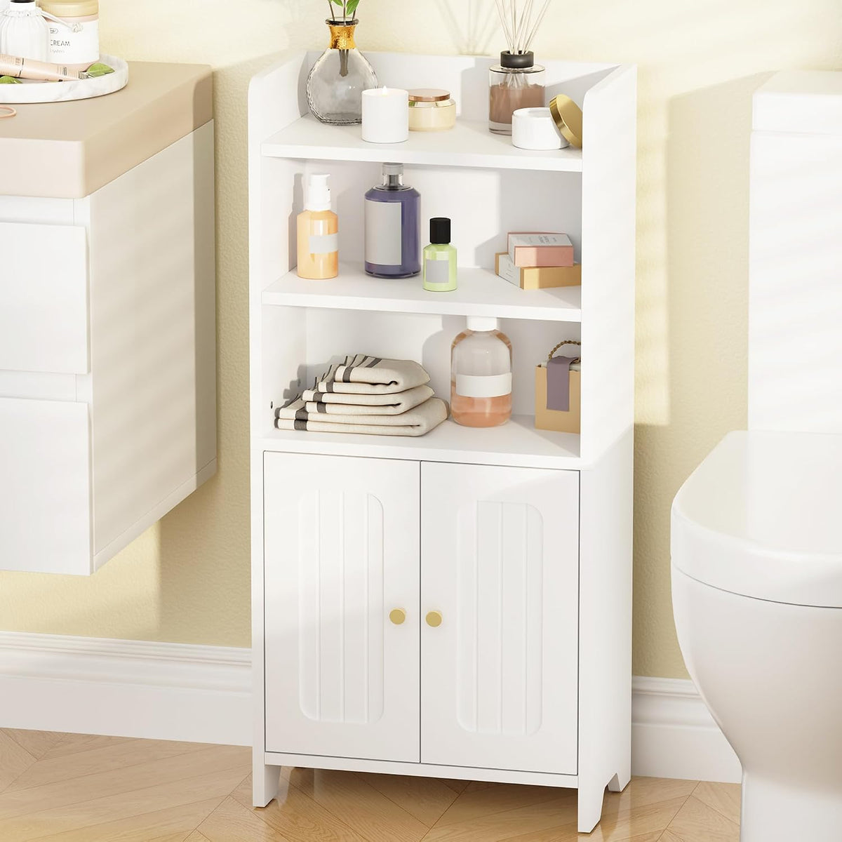 White Small Bathroom Floor Storage Cabinet
