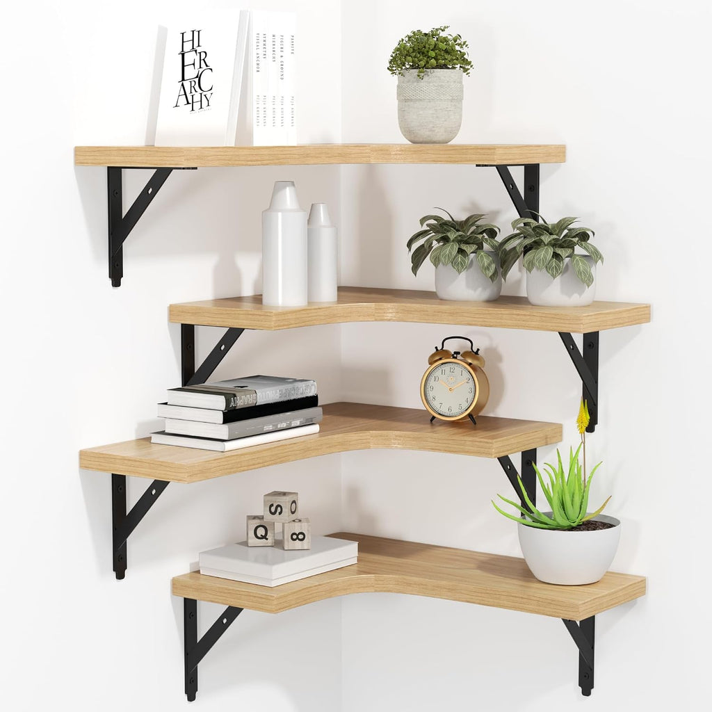 Natural Wood Corner Floating Shelves Set of 4