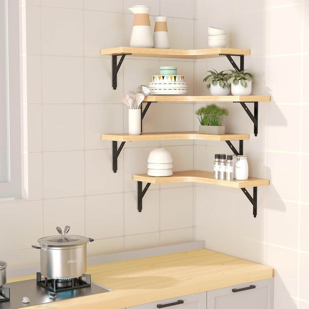 Natural Wood Corner Floating Shelves Set of 4