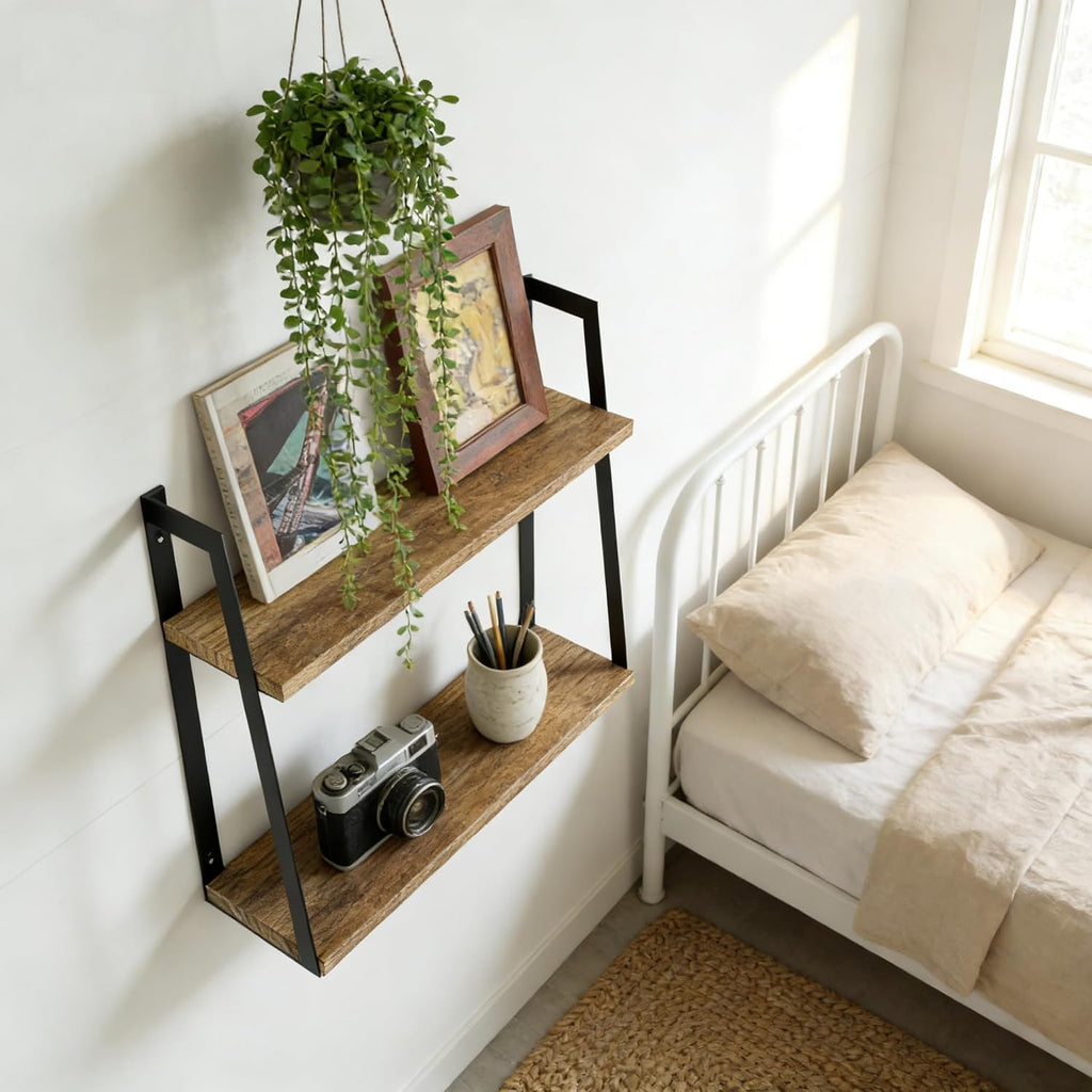 Black 2‑Tier Floating Wood Shelves