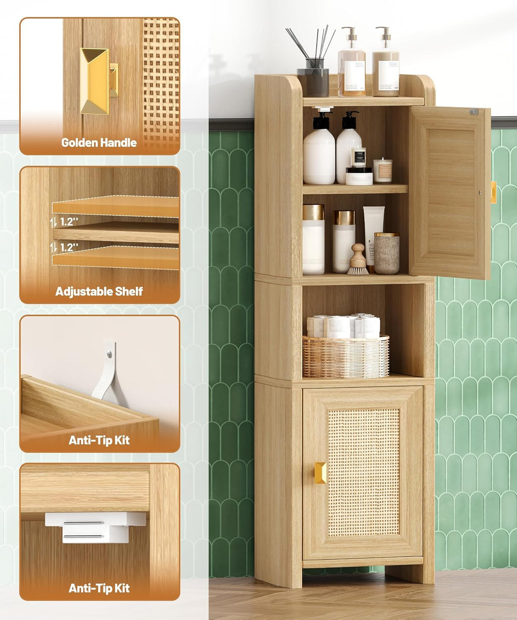 Oak Rattan Bathroom Storage Cabinet