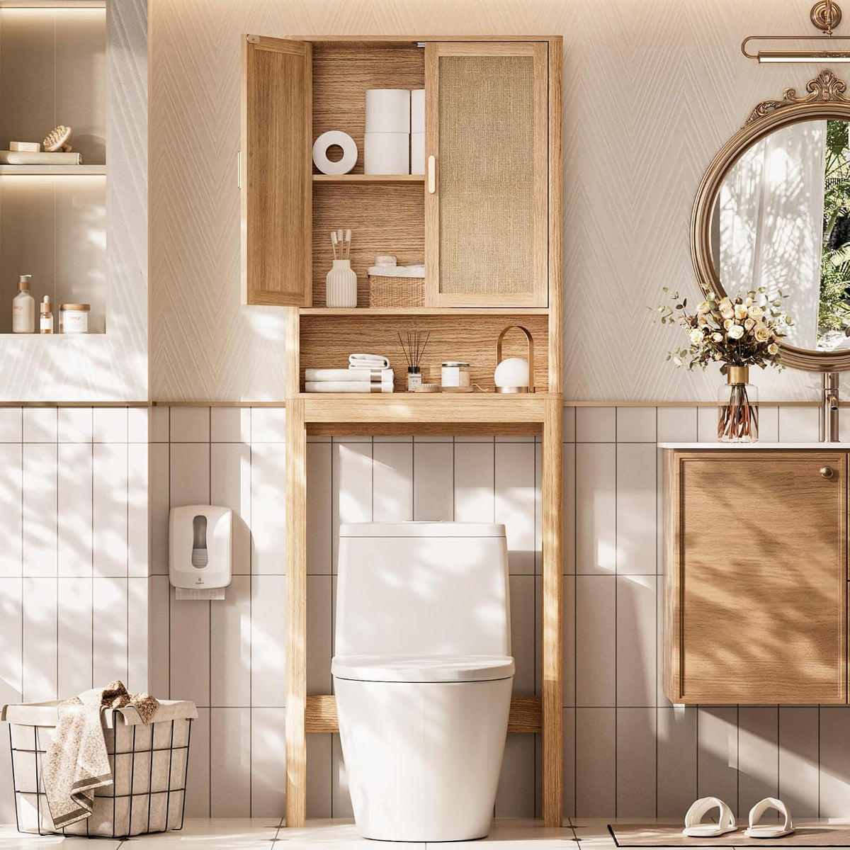 Natural Rattan Over‑the‑Toilet Storage Cabinet