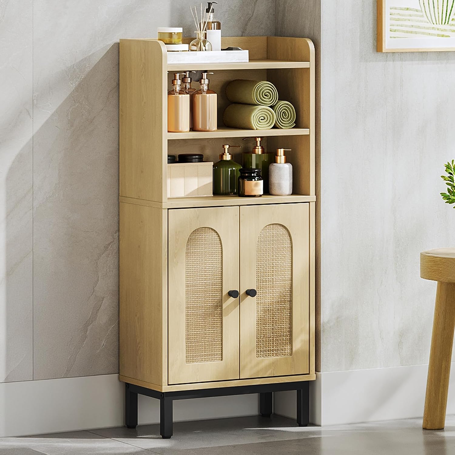 Yellow Rattan Bathroom Storage Cabinet