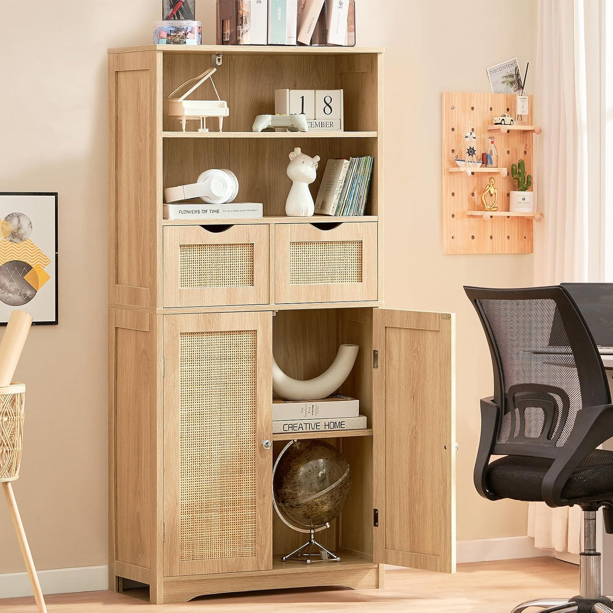 Natural Rattan Tall Storage Cabinet