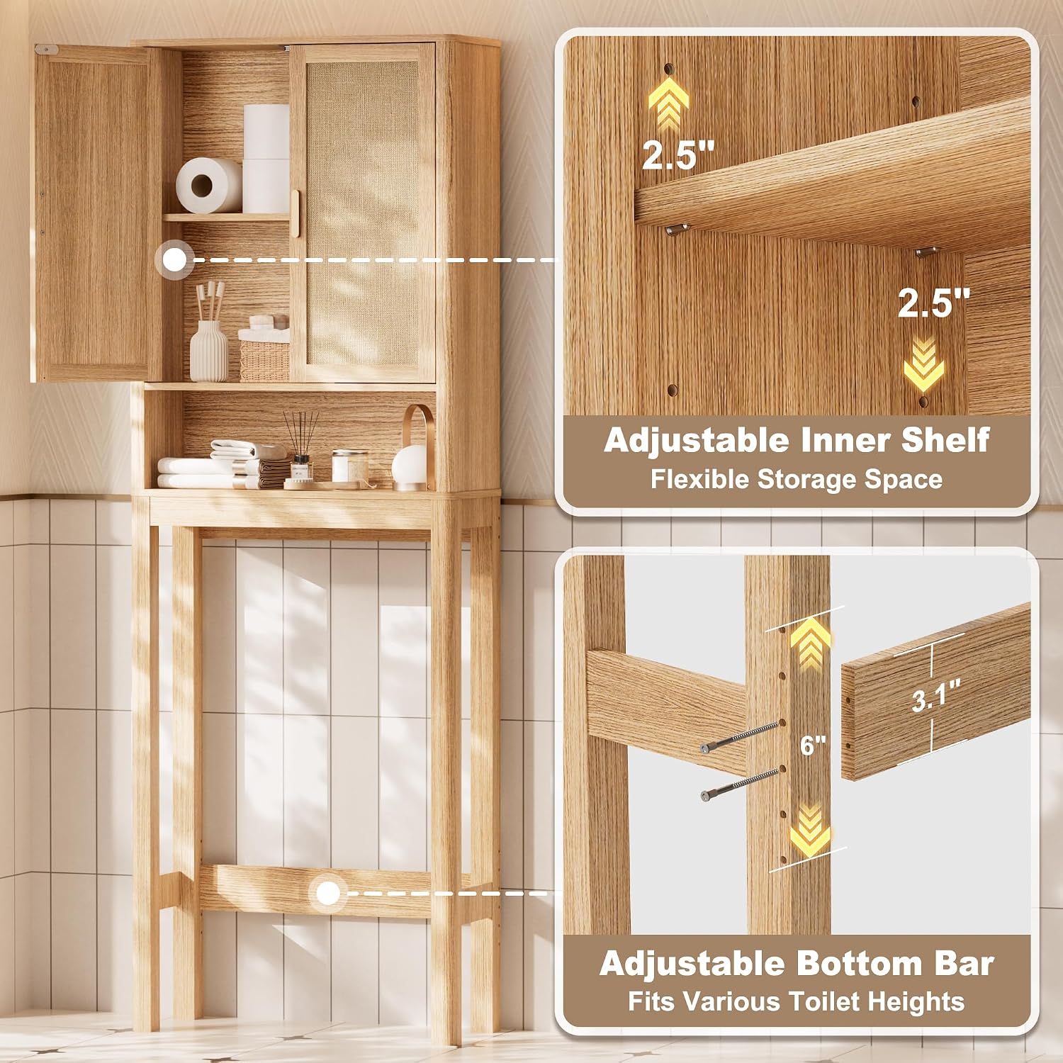 Natural Rattan Over‑the‑Toilet Storage Cabinet