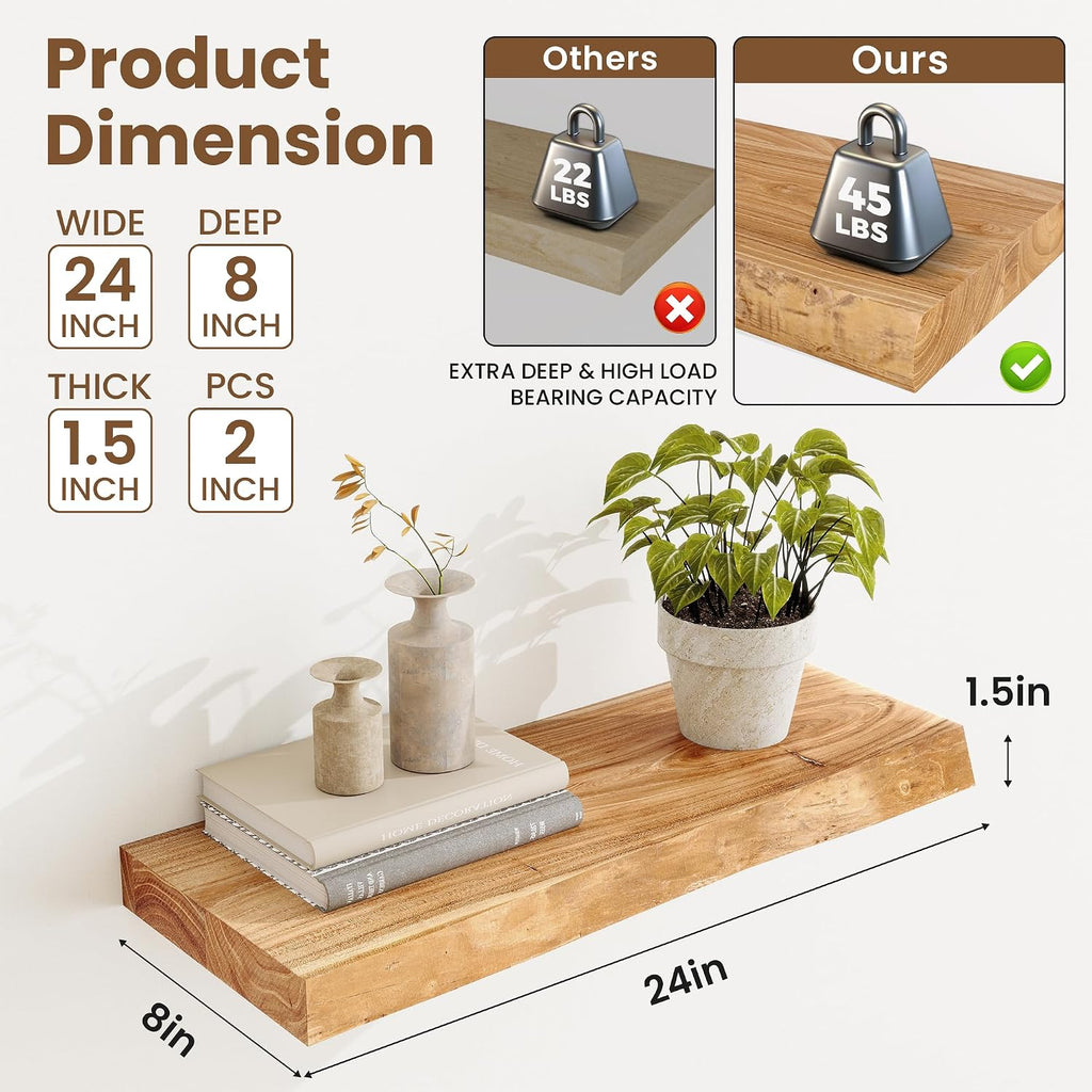 Natural Live Edge Floating Wood Shelves