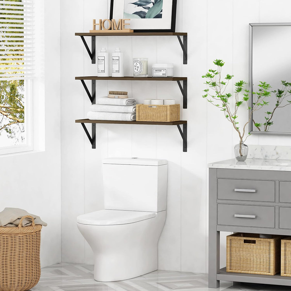 Dark Brown Floating Wood Shelves Set of 3