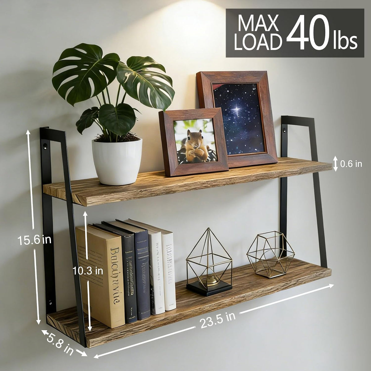 Black 2‑Tier Floating Wood Shelves