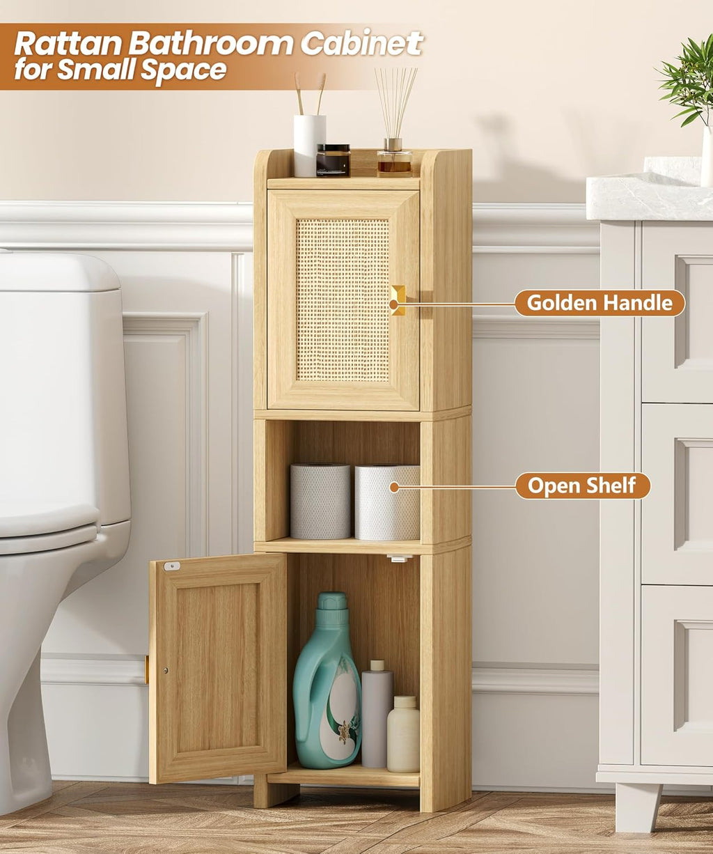 Oak Rattan Bathroom Storage Cabinet