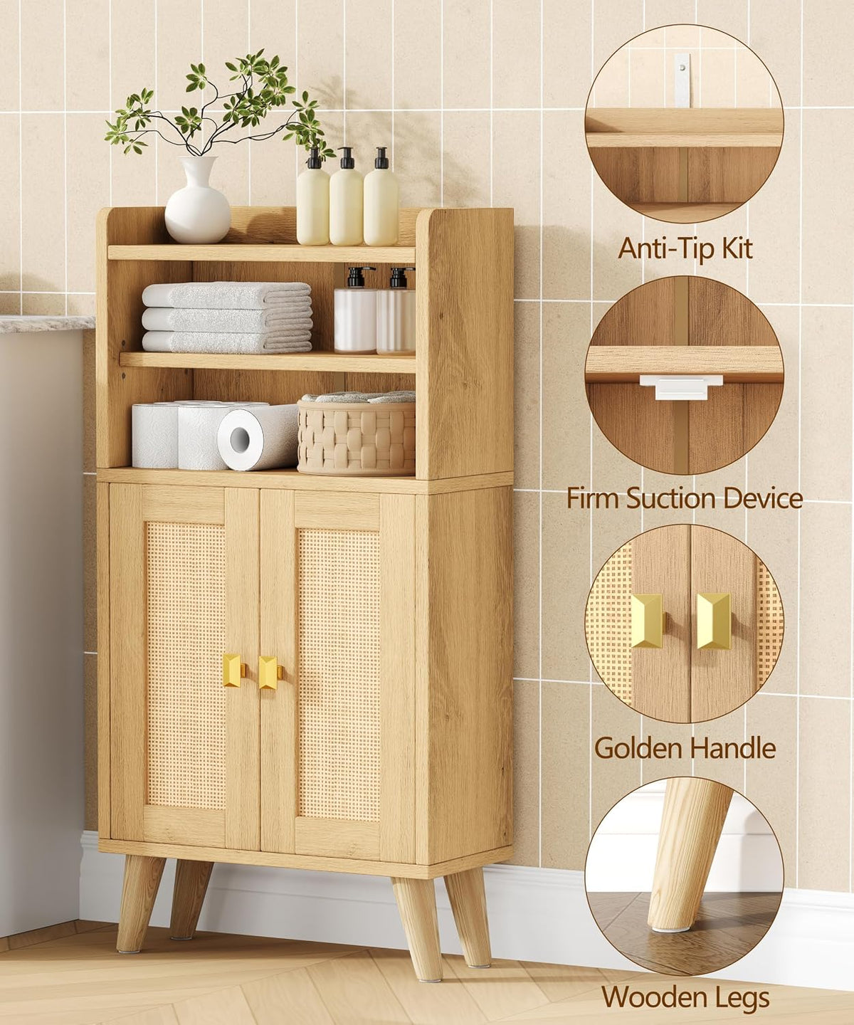 Oak Rattan Bathroom Storage Cabinet