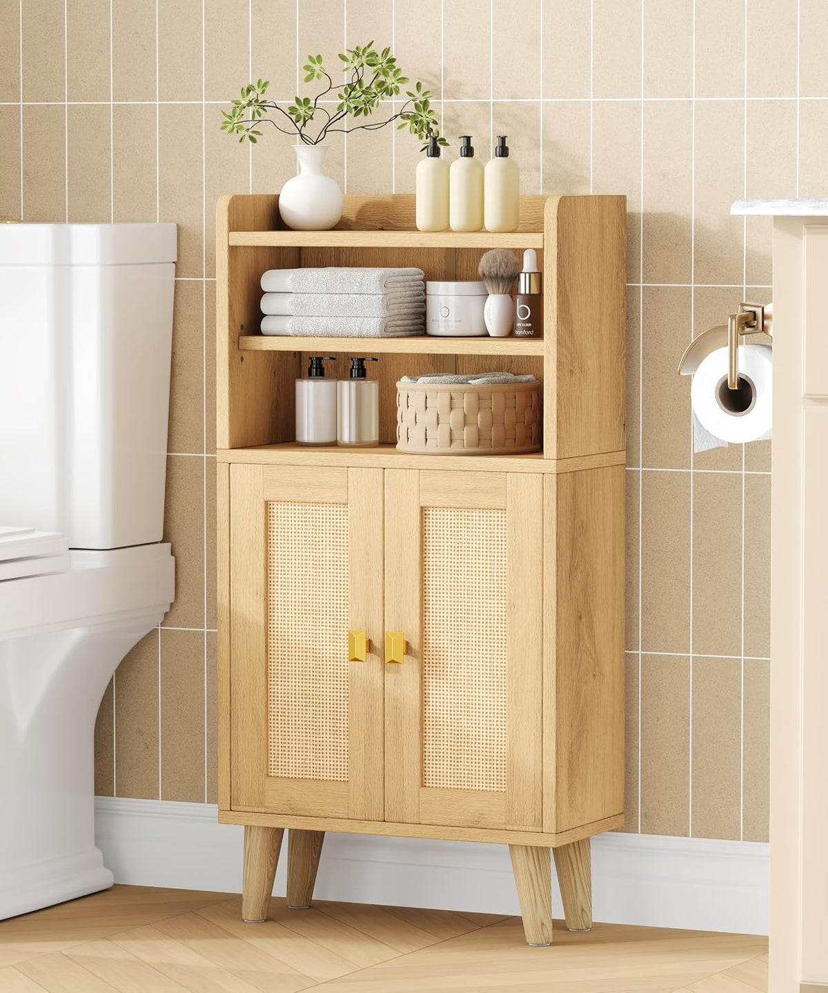 Oak Rattan Bathroom Storage Cabinet